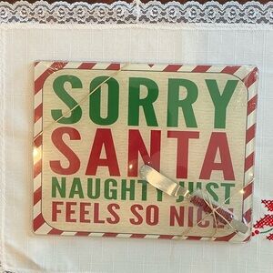 Festive Naughty or Nice Glass Cheese Tray with spreader.